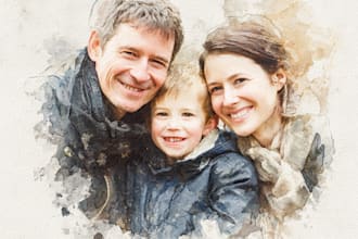 merge photos to watercolor family portrait illustration