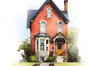 sketch and watercolor of house, building
