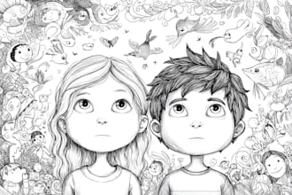 draw children coloring book pages, line , black and white