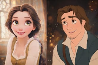 create a professional artwork of a disney couple in cartoon style