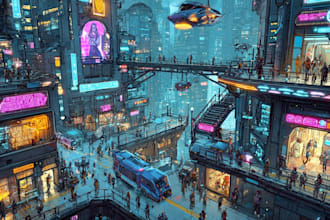 create an cyberpunk city, scifi art for you