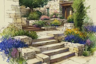draw watercolor drawings of landscape designs or home