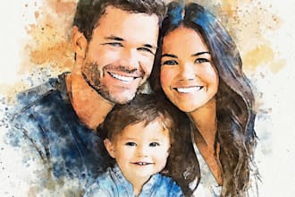 merge photos to watercolor family portrait illustration