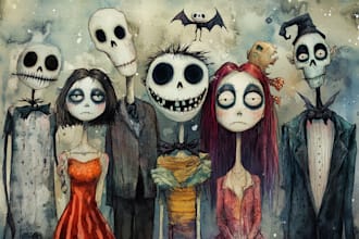 illustrate a romantic family portrait tim burton style