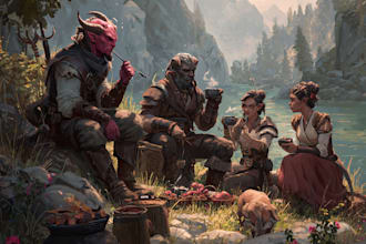 do a concept art dnd party fullbody group party illustration