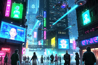make a cyberpunk city style art any project for you