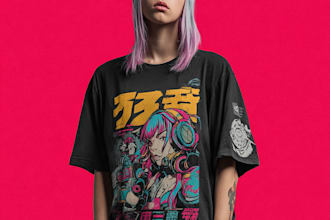 create cyberpunk or 90s retro japanese or anime streetwear style for t shirt
