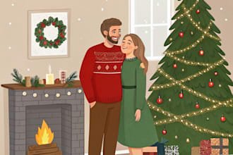 illustrate a christmas family couple portrait