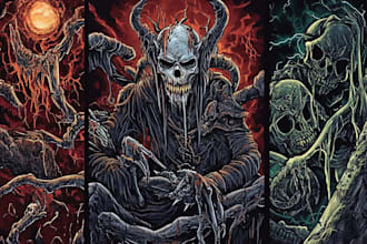draw detailed dark, brutal, horror, and heavy metal art illustration
