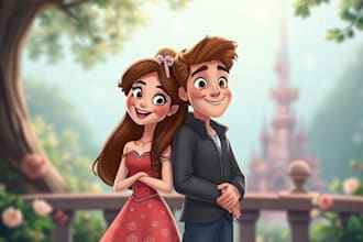 create cartoon disney couple portrait