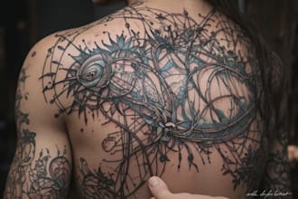 micro realistic linework and geometric style tattoo design