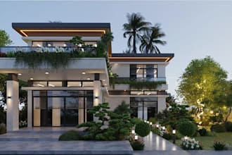 redesign 3d tropical render house exterior, visualize courtyard, skp cgi terrace