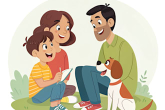 draw family, couple, pet with owner vector cartoon illustration from photo