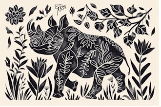 illustrate botanical and animal linocut vector illustration