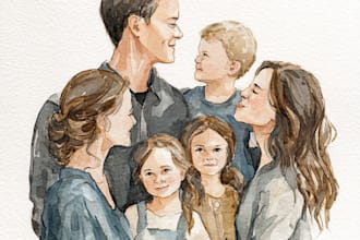 merge photos to watercolor family portrait illustration