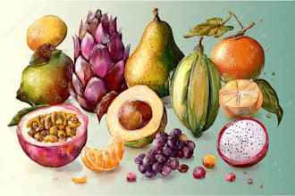 draw food, drink, fruit, vegetables illustration