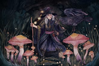 draw an enchanting witch character in a mystical forest