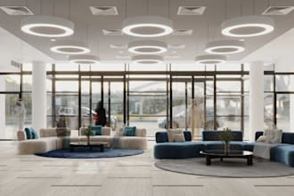 redesign modern lobby reception,seating lounge, glass facade,led light,staircase