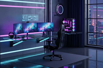 design 3d gaming room setup, 3d isometric streaming room, 3d podcast room