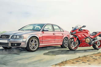 do car, motorcycle,watercolor painting  your vehicle portrait