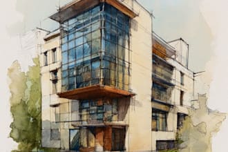 sketch architecture building with watercolor rendering