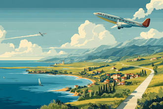 make vintage retro travel poster, vector art deco, landscape illustration