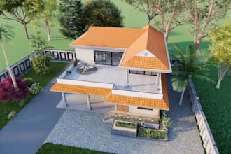 render 3d external duplex ,cgi landscape,terracotta gable roof, driveway paving