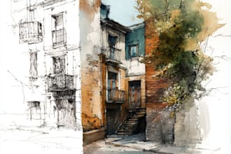 sketch portraits, urban and landscapes using watercolors