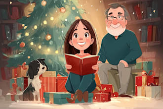 illustration christmas book , holiday funny cartoon caricature card