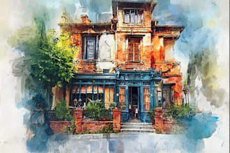 create house and building photo into watercolor art