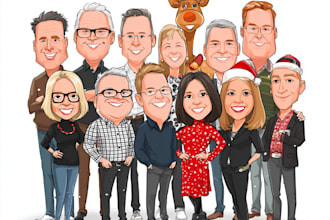 make a group christmas caricature cartoon, holiday gift card