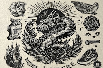 draw a custom linocut style flash tattoo design