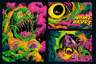 draw stoner rock, doom, metal, psychedelic art style