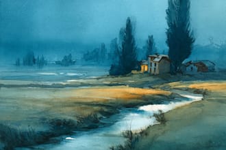 paint a watercolor and gouache landscape illustration