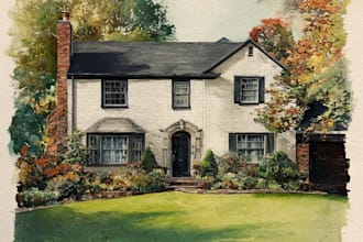 draw traditional watercolor house portrait