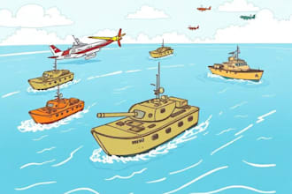 drawing boats, tanks and planes in cartoon illustration