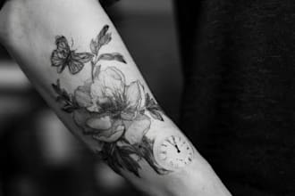 do black and white geometric custom tattoo, monoline
