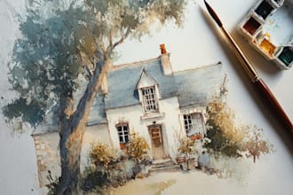create house and building photo into watercolor art