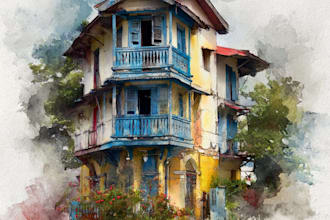 paint a watercolor house portrait or city space illustration