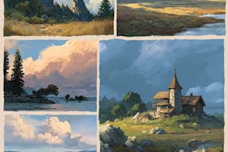 illustrate environments, landscapes, board game, concept art