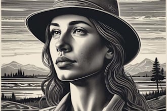 draw a portrait drawing in linocut illustration