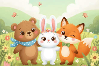 create children story book illustration with cute animals