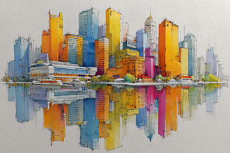 draw creative line art city skyline with watercolors