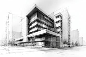 draw architectural sketch of building interior and exterior
