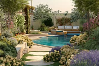 landscape design, garden design, backyard, pool and terrace