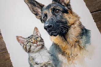 paint sketch and watercolor pet portrait painting