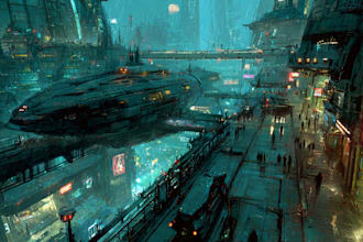 create a illustration of science fiction city, cyberpunk