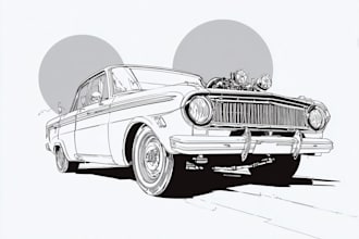 line art car illustration or any vehicle in retro vintage