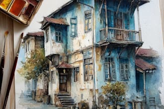 paint a watercolor house portrait or city space illustration