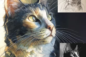 paint sketch and watercolor pet portrait painting